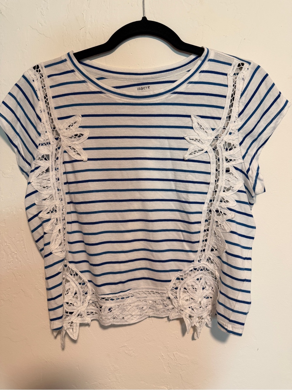 Maeve White and Blue Striped Crochet-Trim Tee